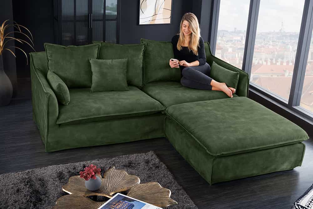 Großes 3-Sitzer Sofa HEAVEN 200cm dunkelgrün Samt Federkern waschbarer Bezug Hussensofa Couch