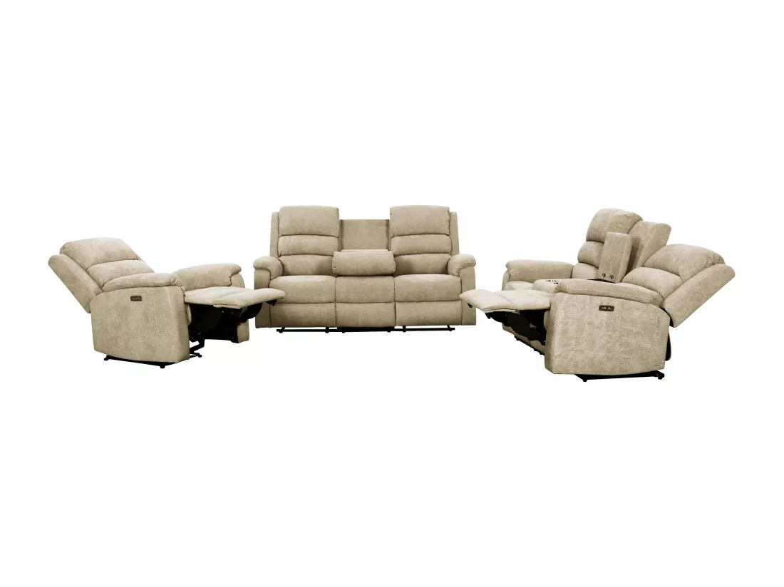 Canapés 3 places 2 places et un fauteuil relax électrique en tissu taupe NEVERS