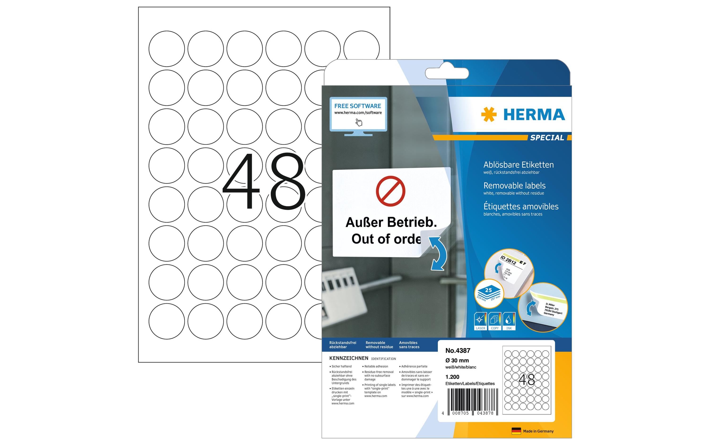 Universal-Etiketten Ø 3 cm, 1200 EtikettenAblösbare Etiketten auf A4 Blättern