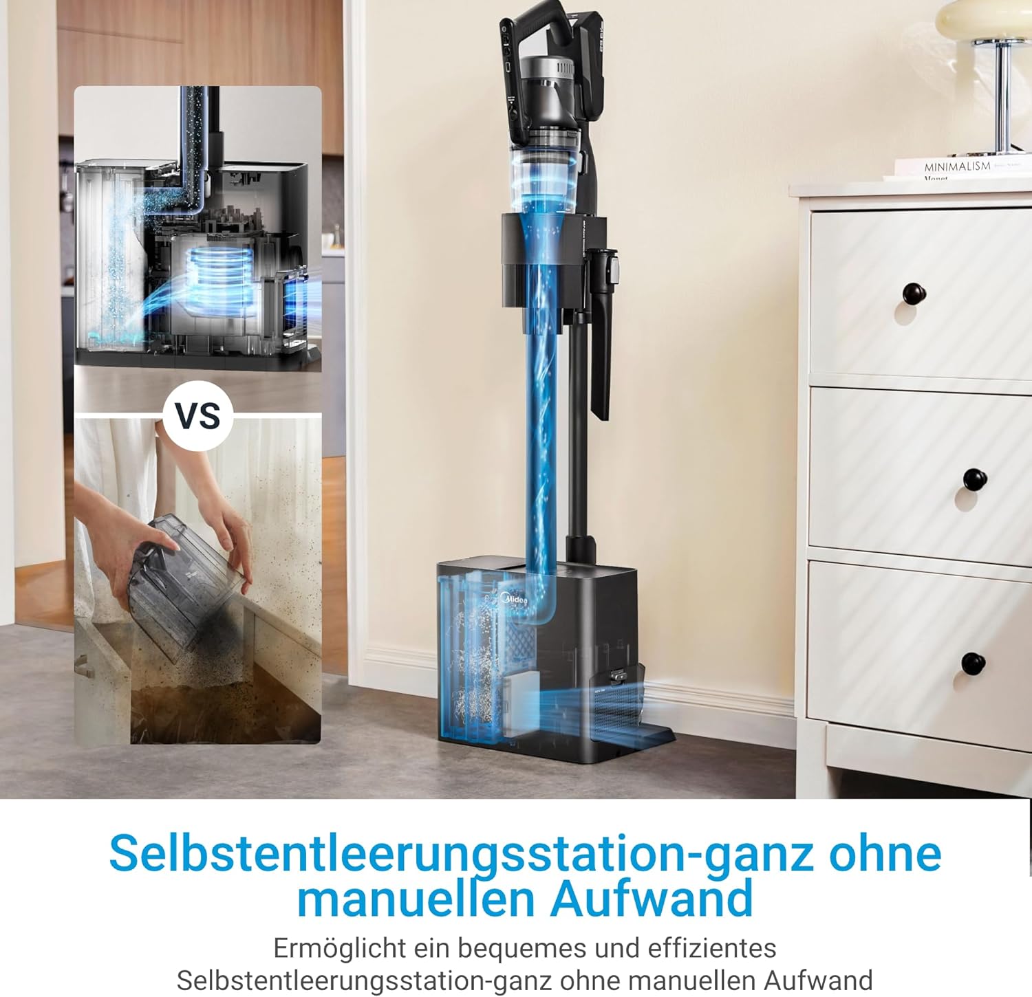 Midea Akku-Staubsauger mit Absaugstation | 350W, bis zu 60 Min Laufzeit | Selbstentleerung, Anti-Tangle Bürste, LED-Düse | HEPA-Filter, Allergiker geeignet | Wechselbarer Akku, Kabellos, Schwarz
