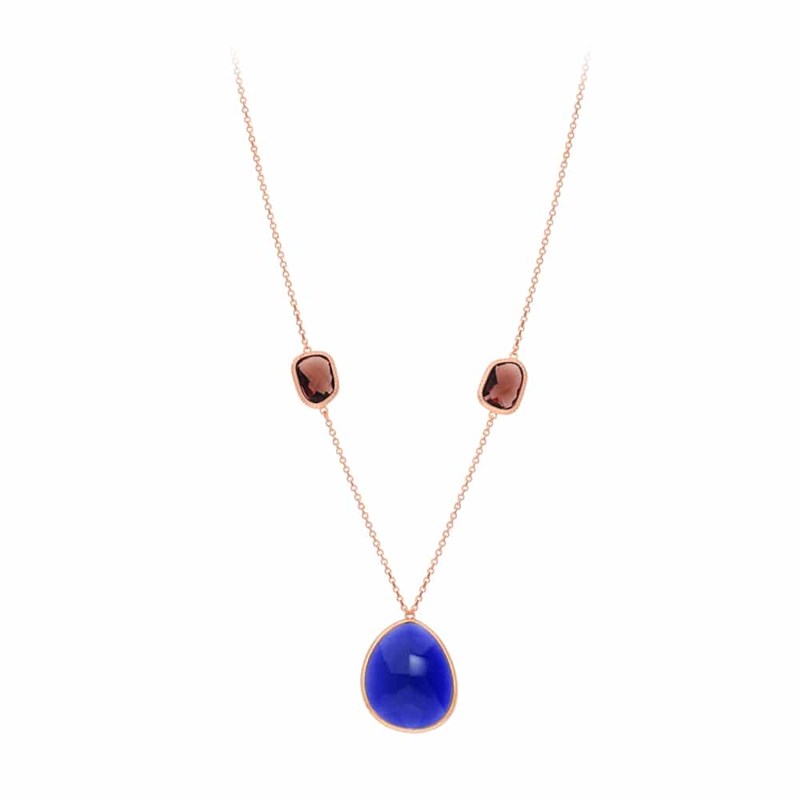 Collier Sautoir Rose Gros Galet Cristal Marine Et Prune