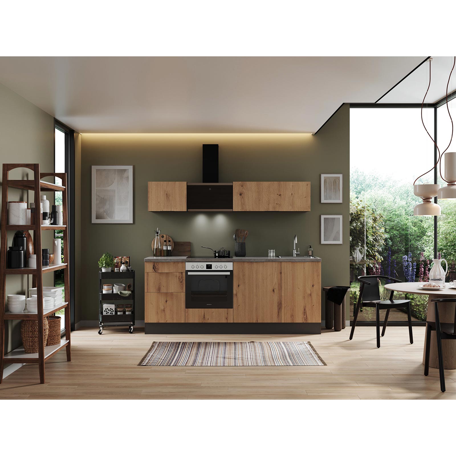 RESPEKTA Küchenblock - Artisan Eiche - grau matt - mit E-Geräten - 220 cm