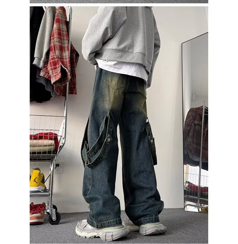 Kenning - Mid Rise Distressed Strappy Wide Leg Jeans