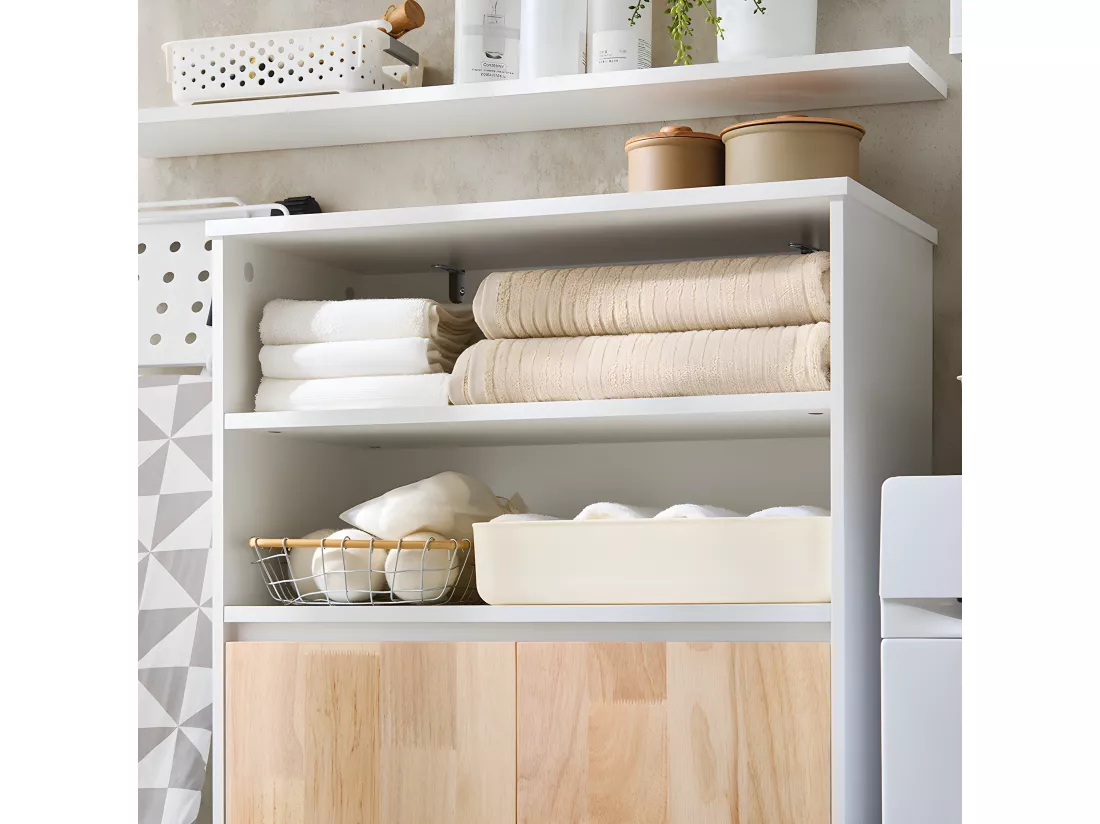 SoBuy Meuble Bas de Salle de Bain avec Bac à Linge Amovible Armoire à Linge Commode pour Salle de Bain Armoire Toilette avec 3 Compartiments et 1 Panier à Linge, 64x33x110 cm, BZR143-WN