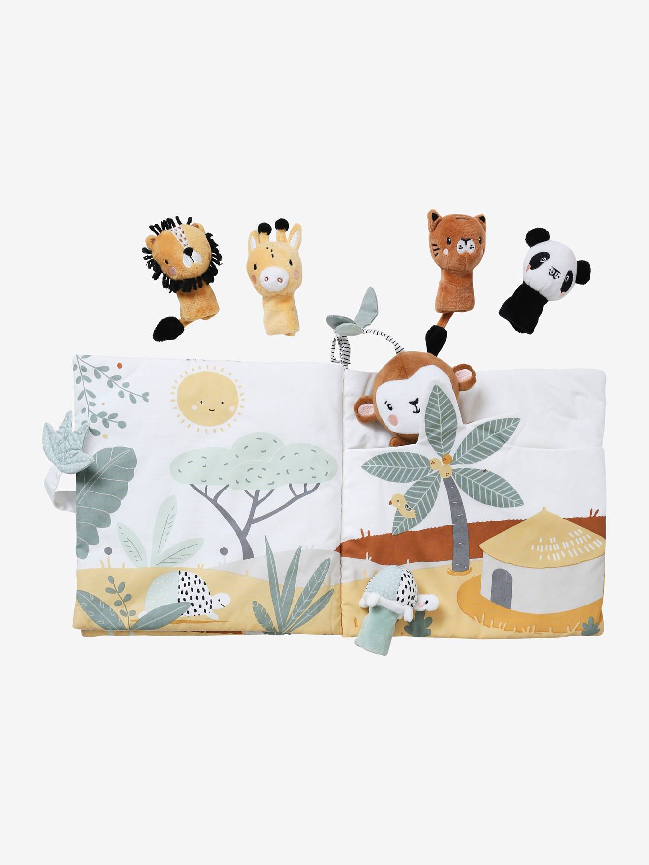 Livro de estímulos + brinquedos de pelúcia de veludo cinza claro liso da Tanzânia com estampas.