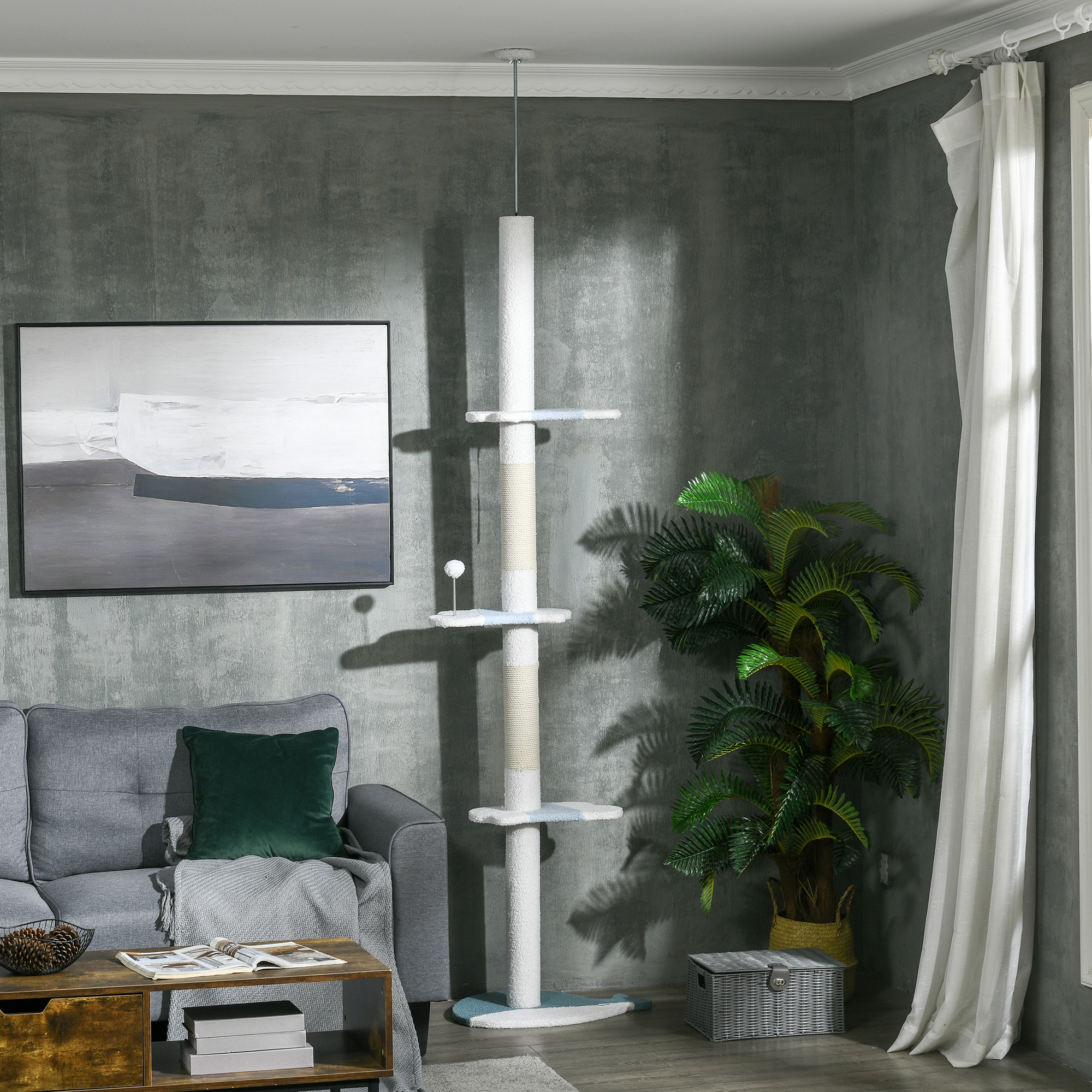 Árvore para gatos PawHut de 225-255 cm, com altura ajustável, 3 plataformas em formato de onda, postes para arranhar e 1 bola, 55 x 38 x 225-255 cm, branca.