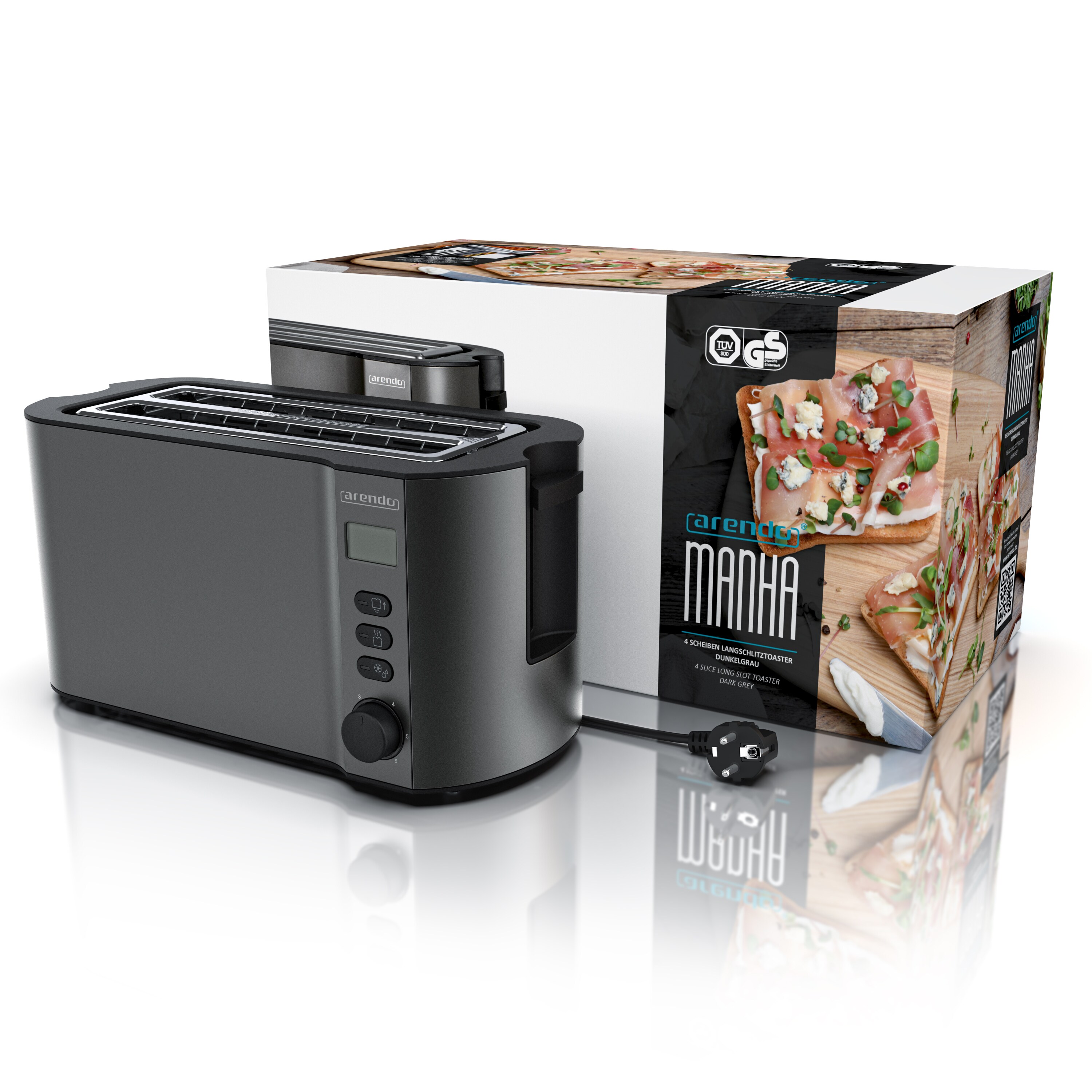 Arendo Langschlitztoaster 4 Scheiben, Edelstahl Toaster mit Restzeitanzeige, 1500W, Doppelwandgehäuse, Brötchenaufsatz, 6 Bräunungsgrade