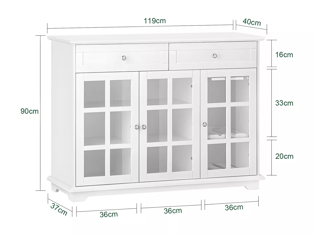 SoBuy Buffet Bas, Commode Armoire de Rangement, Placard de Cuisine, Meuble de Rangement pour Cuisine Salle à Manger Salon Entrée avec 3 Portes Vitrées, 2 Tiroirs, 119 x 40 x 90 cm, Blanc, FSB77-W