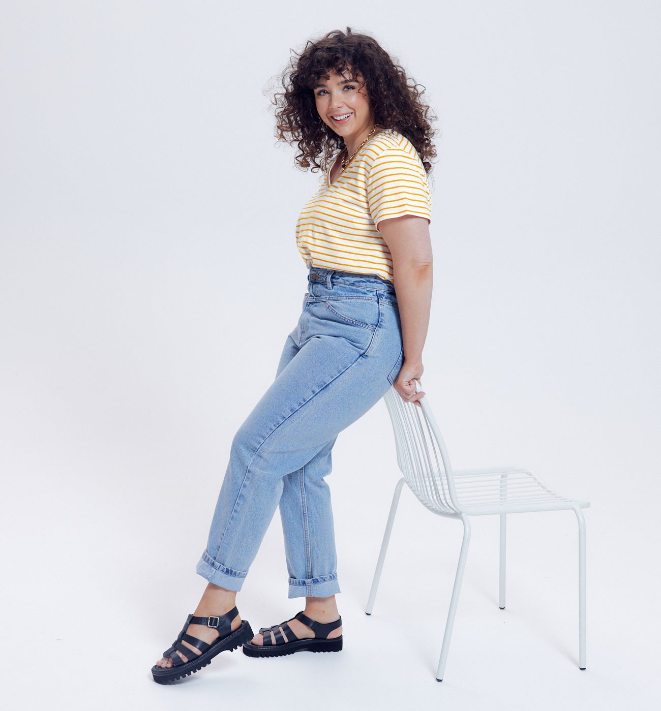 T-shirt col V Femme - Rayé jaune