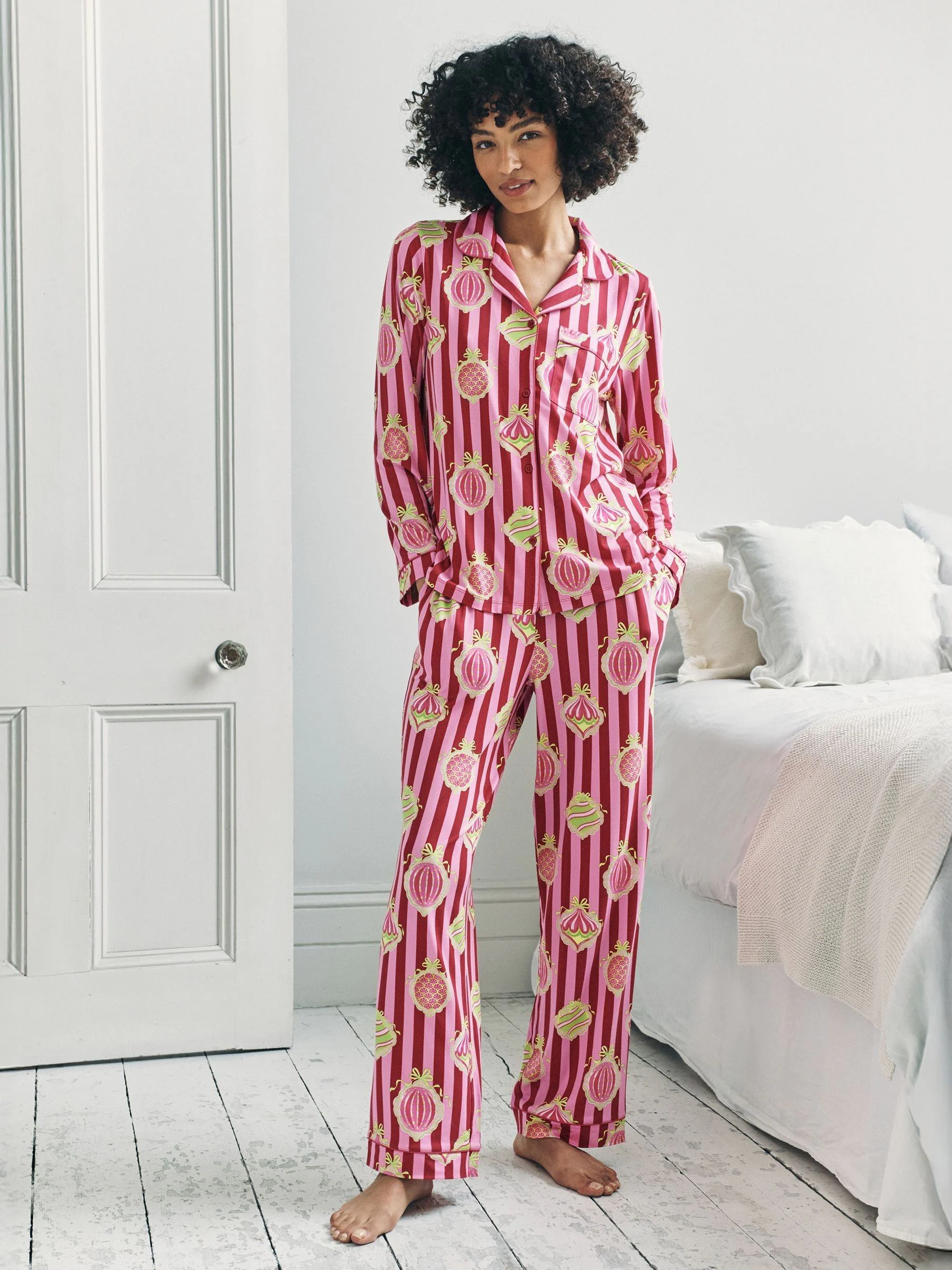 Chelsea Peers Christmas Baubles Stripe Print Long Pyjamas Set