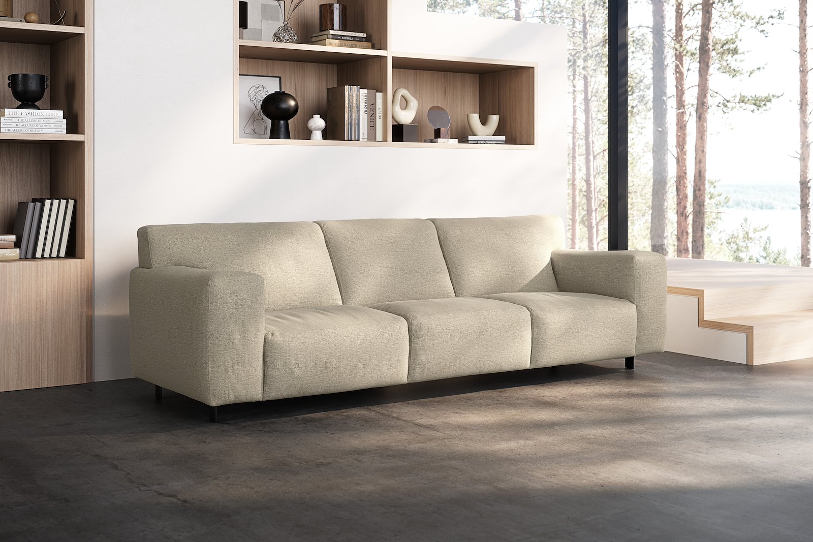 Vesta 4-seter I Tekstil Cortina Sand, standardsøm, sort metallben 10 cm, Comfort CM