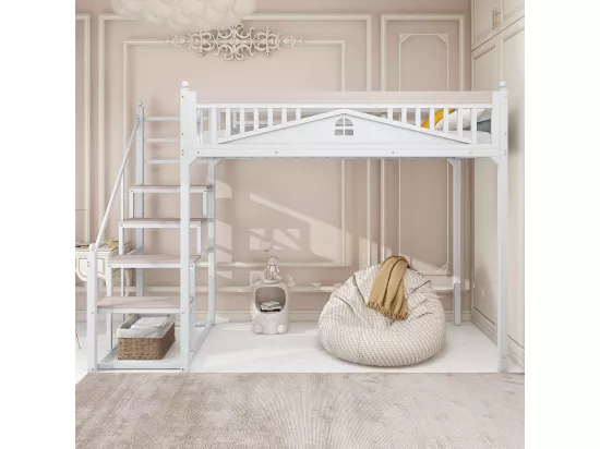 Lit mezzanine en métal 90x200 blanc avec barrière de sécurité design fenêtre échelle de rangement interchangeable gauche droite lit simple compact gain de place