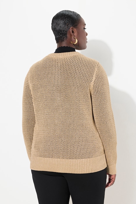 Strickjacke, goldener Ajourstrick, Rundhals, Knopfleiste