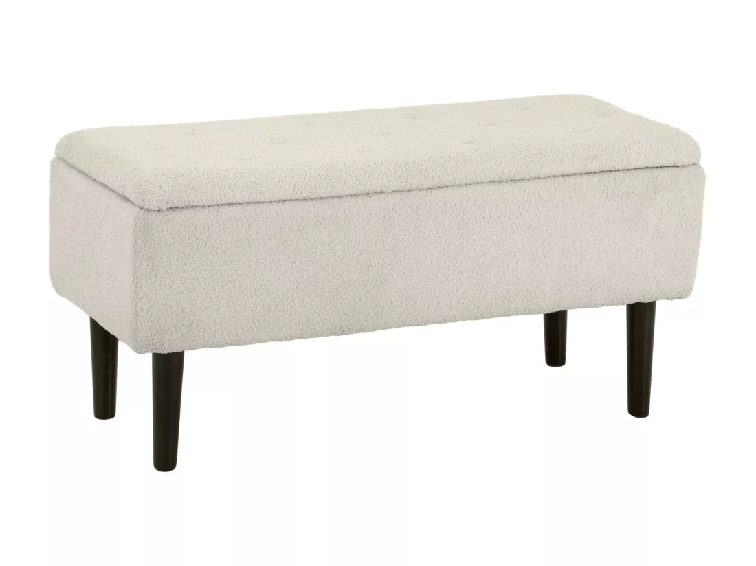 Banc coffre de rangement 2 en 1 dim. 95L x 38l x 45H cm piètement bois noir tissu blanc cassé