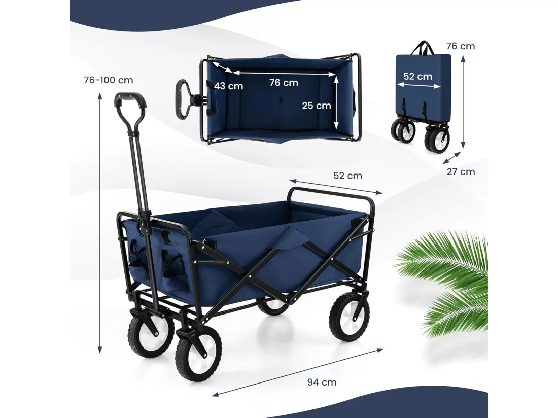 Chariot de Plage Pliable 82 L, Chariot de Transport avec Poignée Réglable et Porte-Boissons Charge 68 kg, Chariot Utilitaire Extérieur pour Jardin CamBoisg Pêche (Marine)