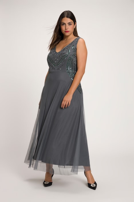 Maxikleid, doppellagig, Perlen, V-Ausschnitt, ärnellos