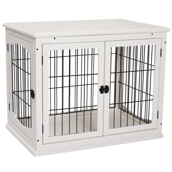 Hundekennel hundehus transportkasse smådyrbur til innendørs bruk hundekasse dyrebur kjæledyr MDF metall hvit 81 x 58,5 x 66 cm