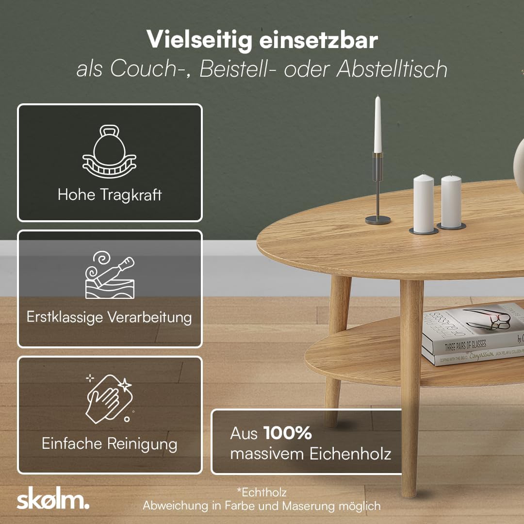 skølm Mjölnir Couchtisch oval – Wohnzimmertisch aus Eiche Massivholz – Sofatisch mit 2 Ablagen – kleiner Beistelltisch Natur geölt – Holztisch Wohnzimmer mit Stauraum – Coffee Tablen 70x110 cm