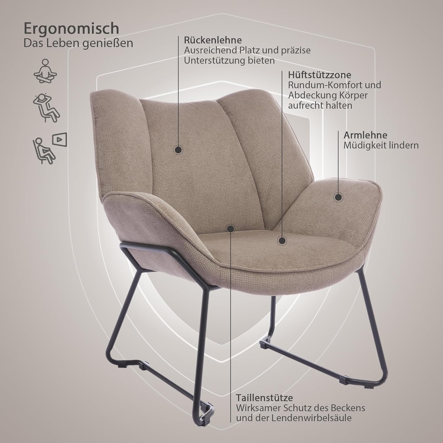 Loungesessel moderner Relaxsessel, Lounge Einzelsofa mit Polster, Lesesessel Balkon Sofa Blütenblattform mit Armlehnen Kleine Couch Schmink Stuhl Sessel Ergonomie, Beige, 72X 67X 80 cm