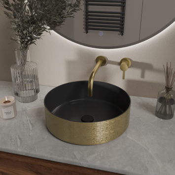 Marho Arden waskom rond mat zwart/geborsteld goud  36 x 36 x 12 cm