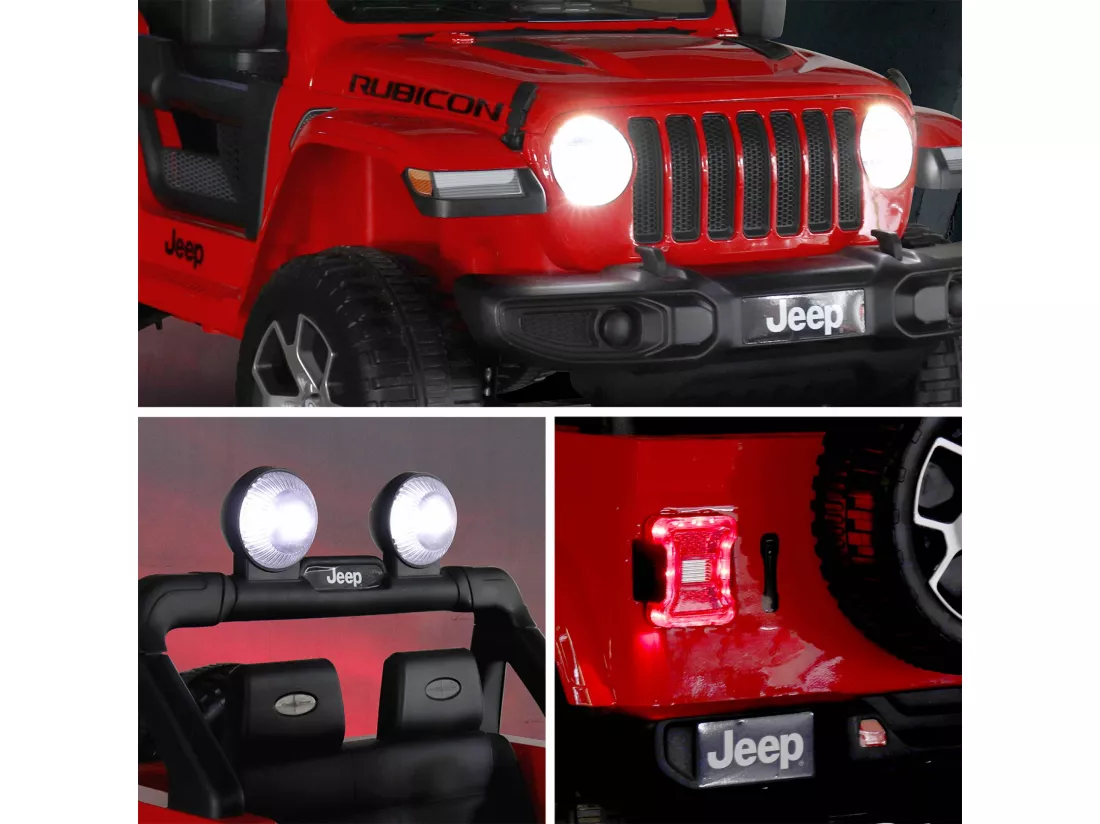 Voiture électrique 12V pour enfant - JEEP Wrangler Rubicon 2 roues motrices. rouge. 1 place. avec autoradio. télécommande. MP3. port USB / carte SD. prise jack et phares fonctionnels