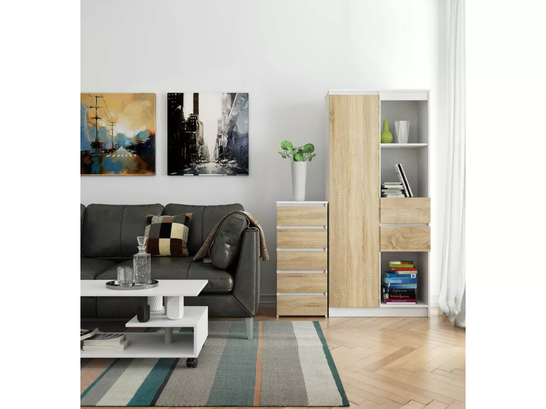 Commode AKORD CL5 Blanche 40 cm 5 tiroirs façade Chêne Sonoma 40x35x92 cm