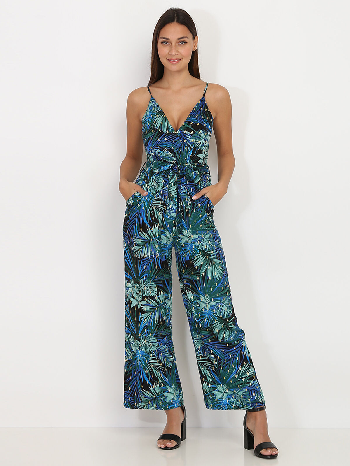Combinaison pantalon à imprimé feuilles- Noir