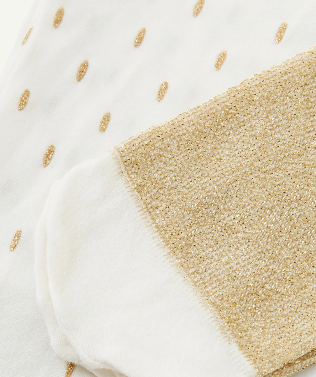 LOT DE 2 PAIRES DE COLLANTS BÉBÉ FILLE BLANC ET COULEUR DORÉE AVEC DÉTAILS PAILLETÉS