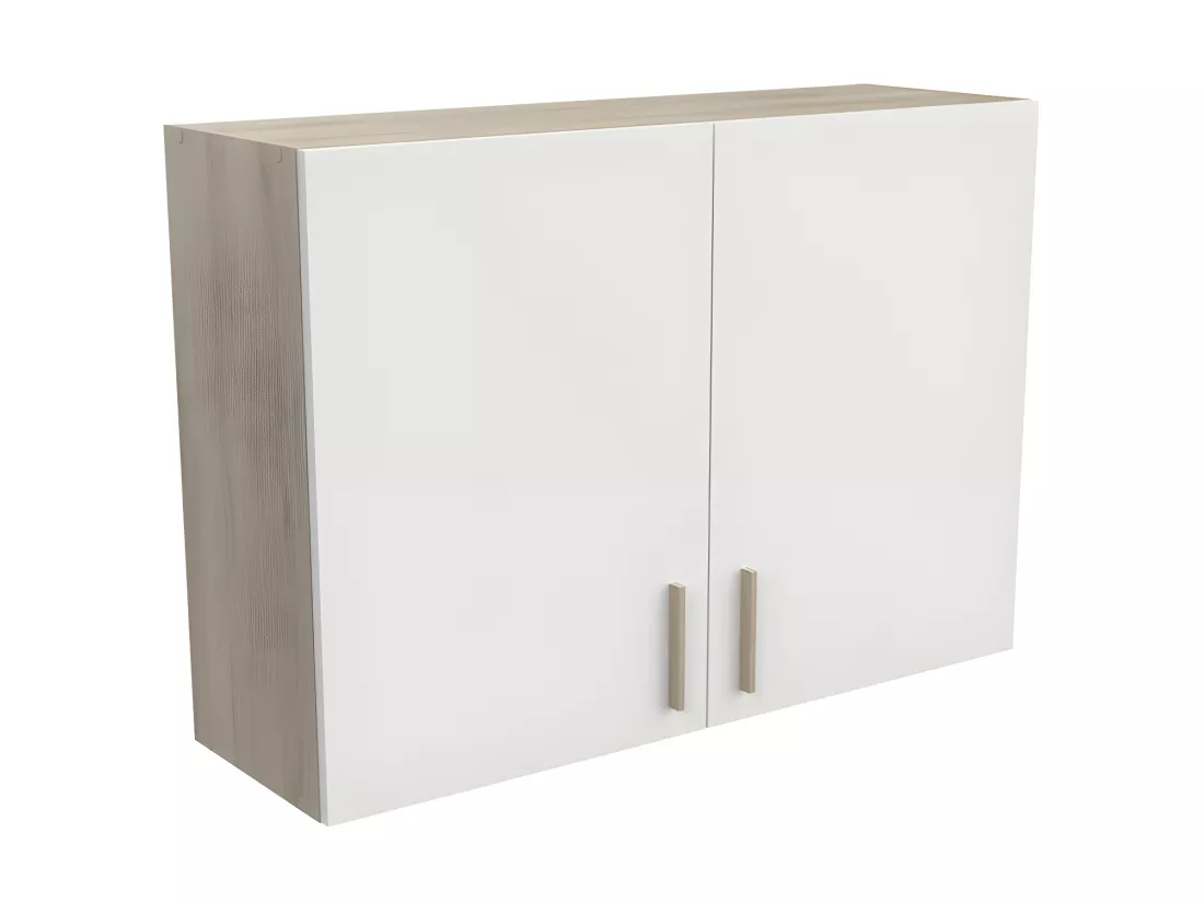 Meuble haut de cuisine 2 portes 100 cm Blanc/Chêne - ABINCI - L 100 x l 30 x H 70 cm