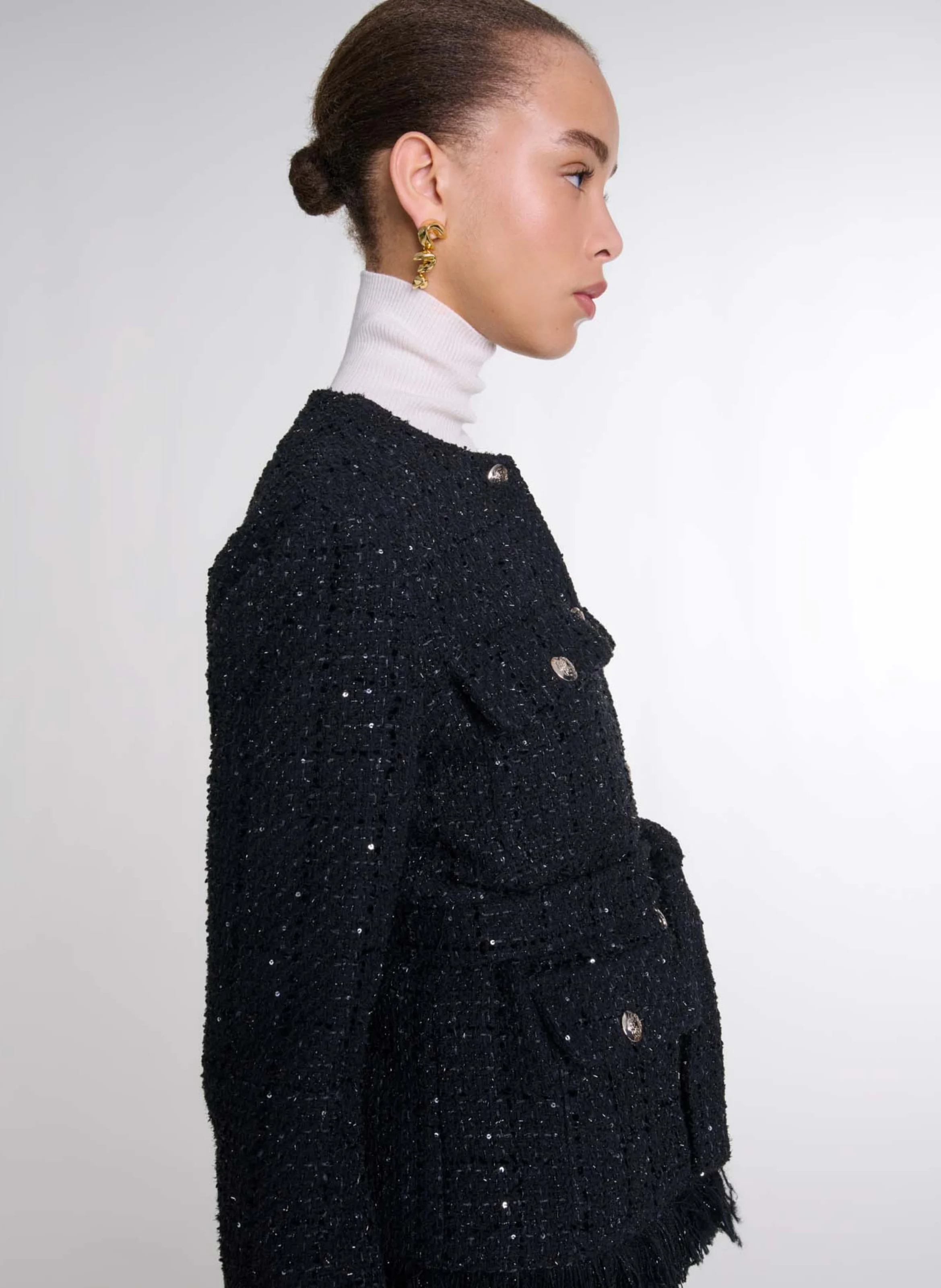 Veste col rond en tweed de coton mélangé | Noir