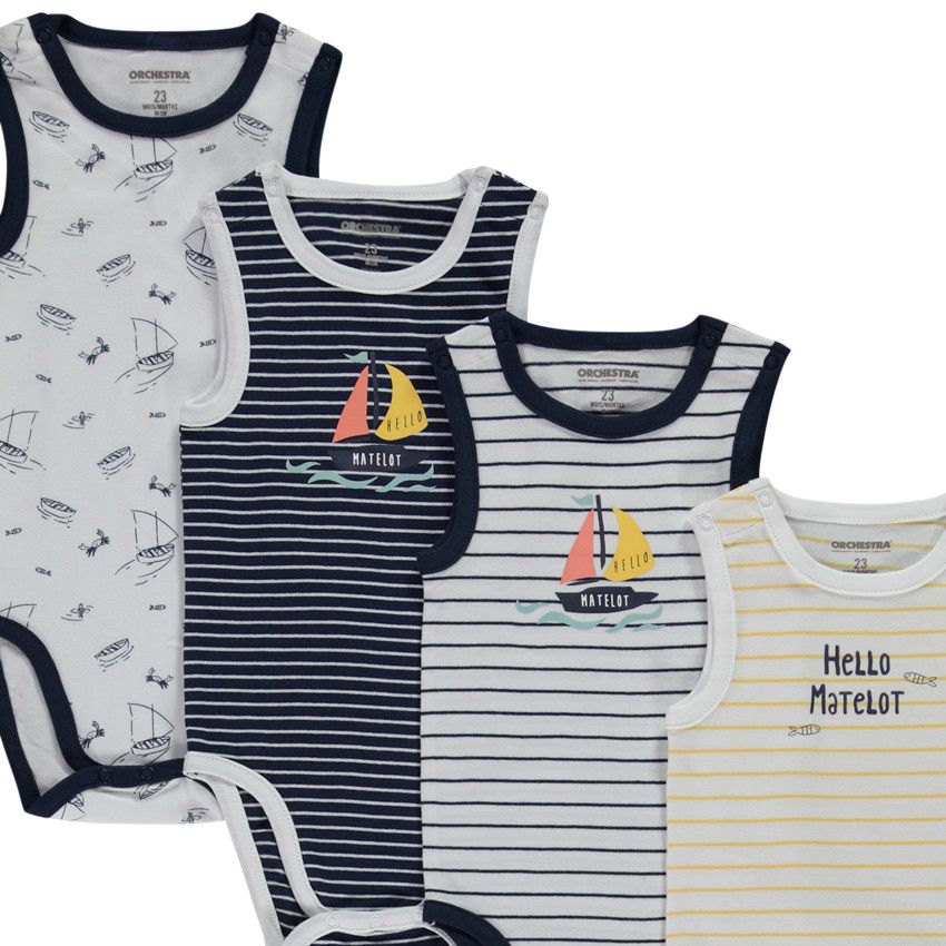 Lot de 7 bodies sans manches voiliers fantaisie pour bébé garçon - Blanc
