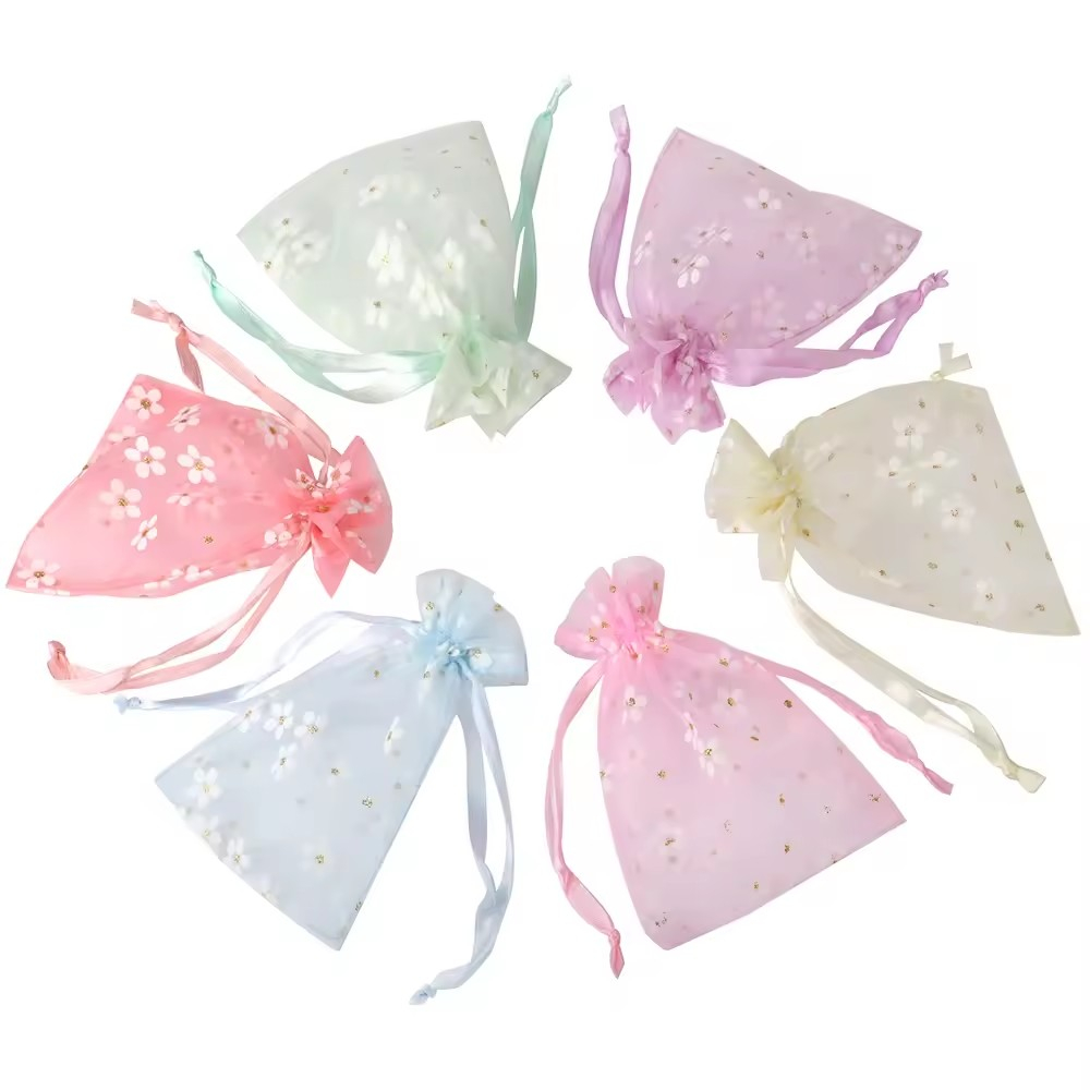 (10er Set) 23x16cm Organza Säckchen Deko Geschenk Beutel mit Kordelzug - Pink / Blumen