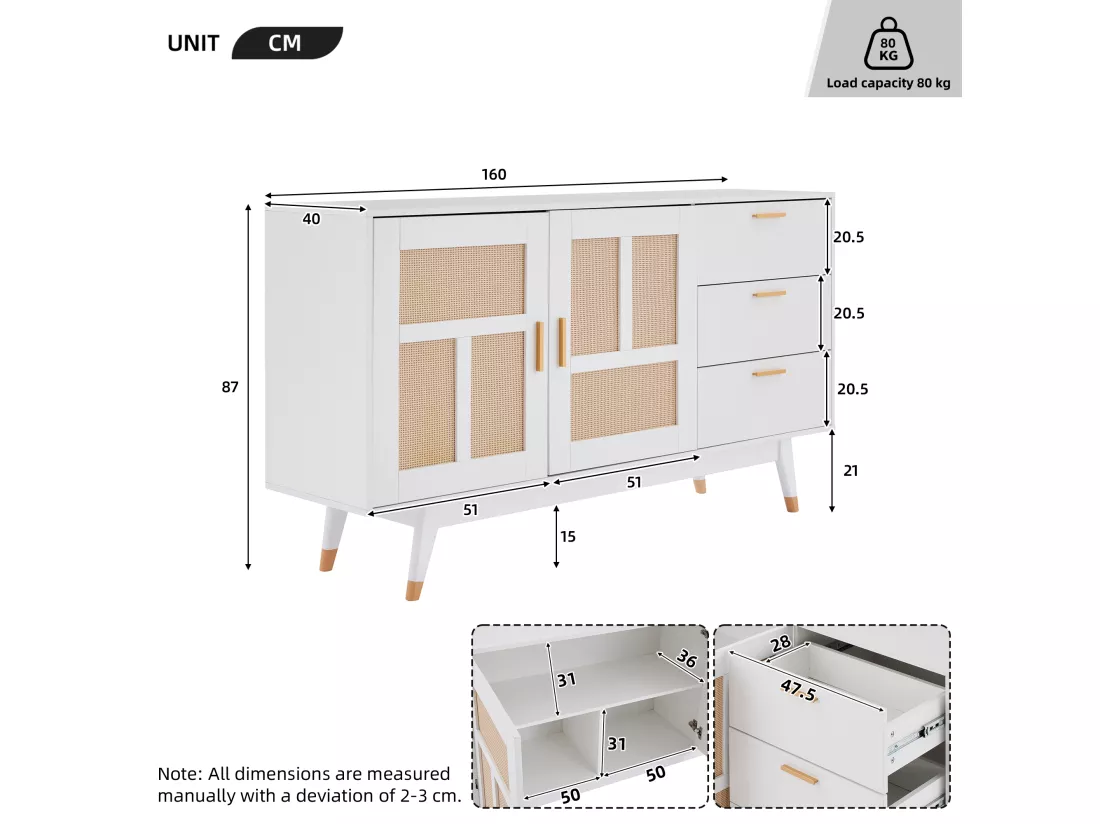 Buffet 160x40x87cm - avec 2 portes en rotin et 3 tiroirs - Blanc