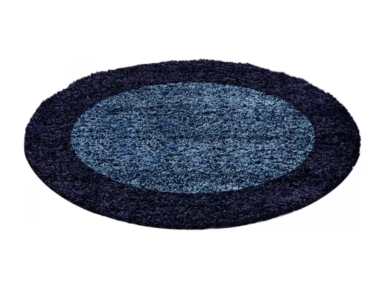 Tapis poils longs shaggy Ø200cm rond tissé bleu et bleu foncé motif simple