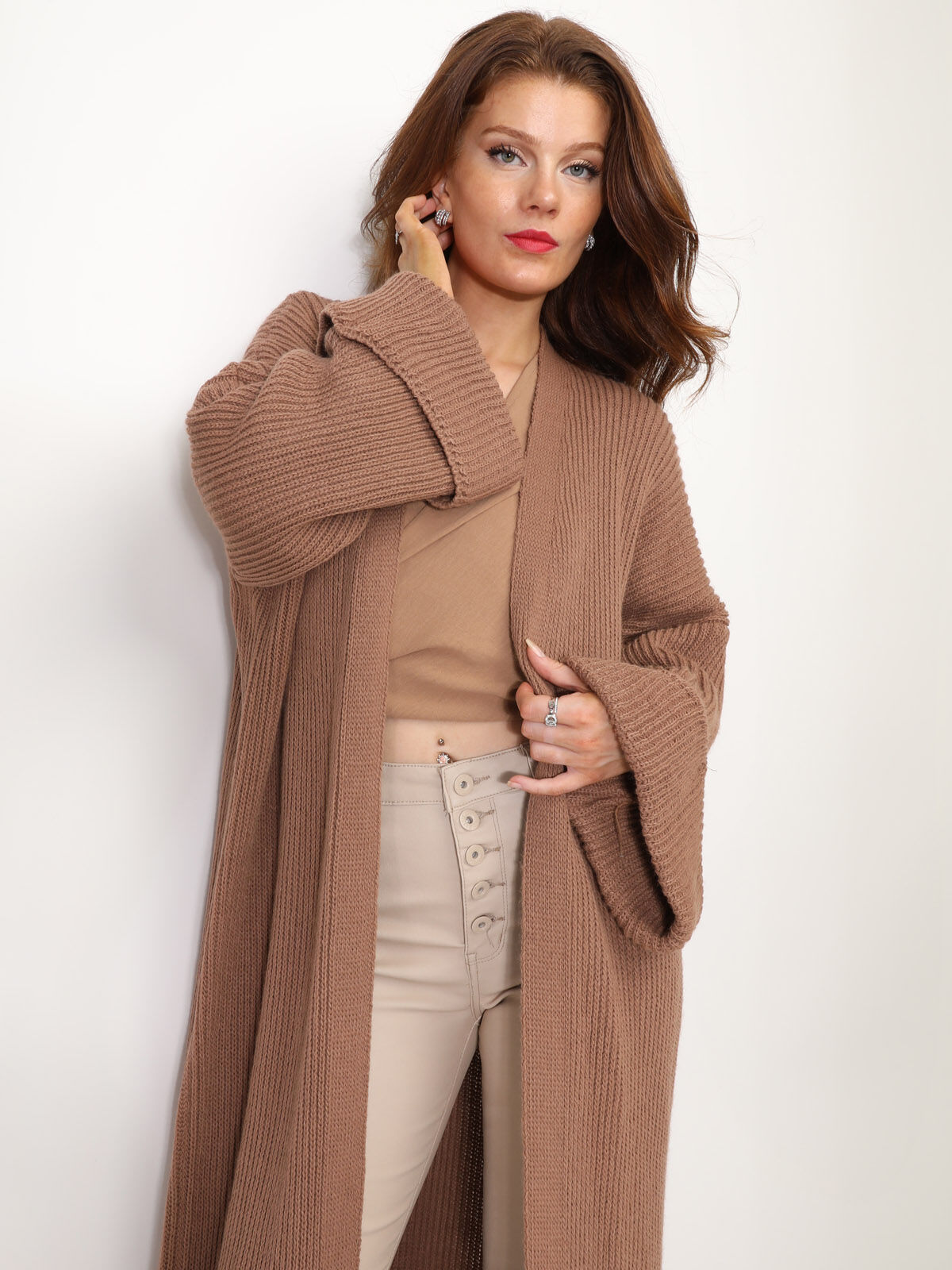 Gilet long à manches évasées- Camel foncé