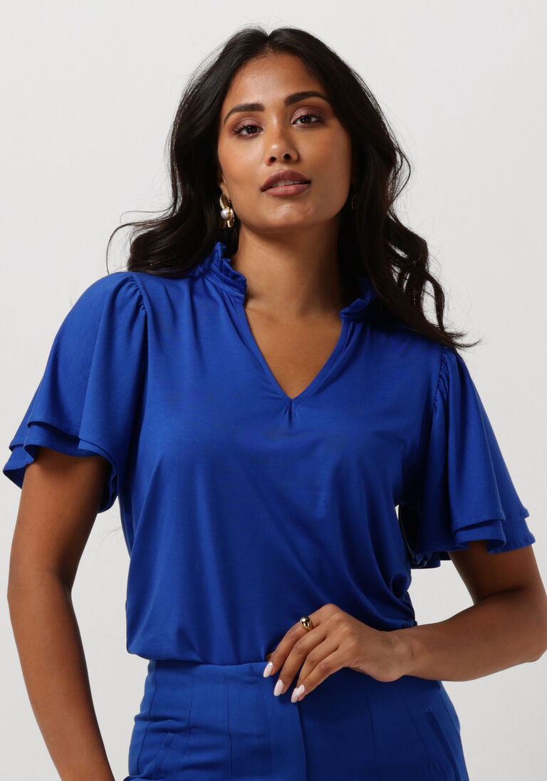 JANSEN AMSTERDAM blauwe jansen amsterdam top tc136 top short ruffled sleeve v-neck