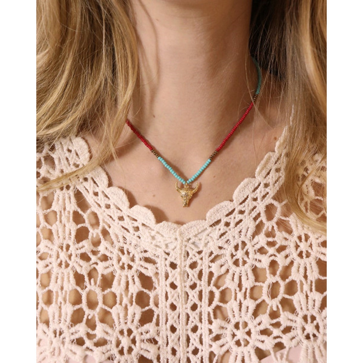 Collier perles rocaille turquoise taureau or fin 24k ARIZONA
