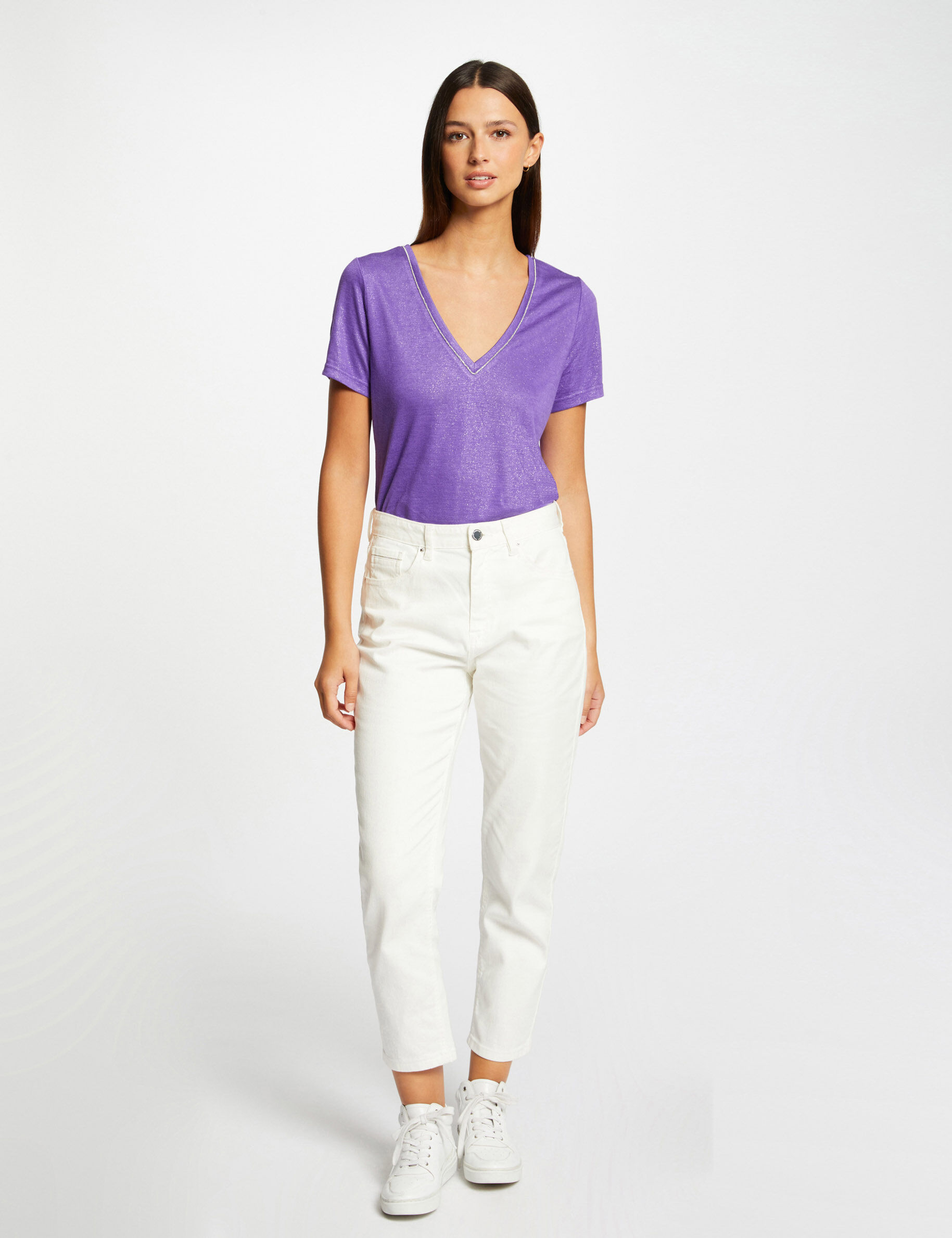 T-shirt manches courtes à col en V violet femme - violet