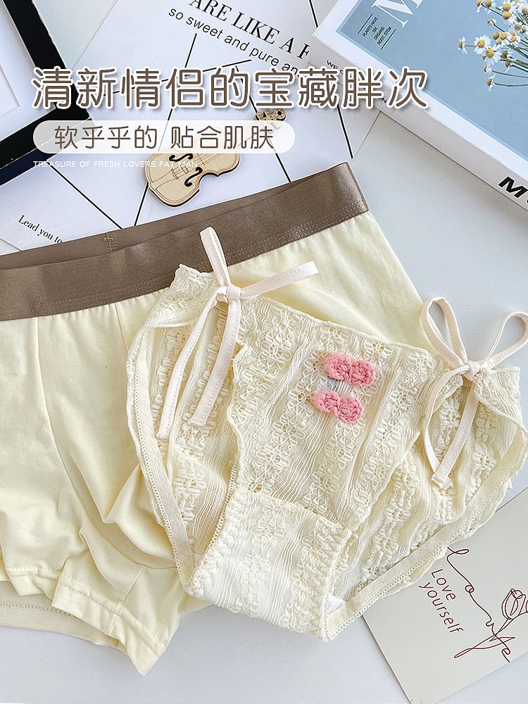 Pancherry - Matching set voor koppels: boxershort met contrasterende rand + slip met kanten strik