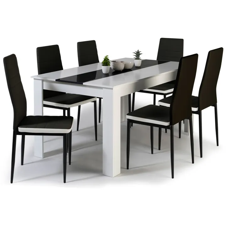 Table à manger blanche et noire 140 cm et 6 chaises noires liseré blanc