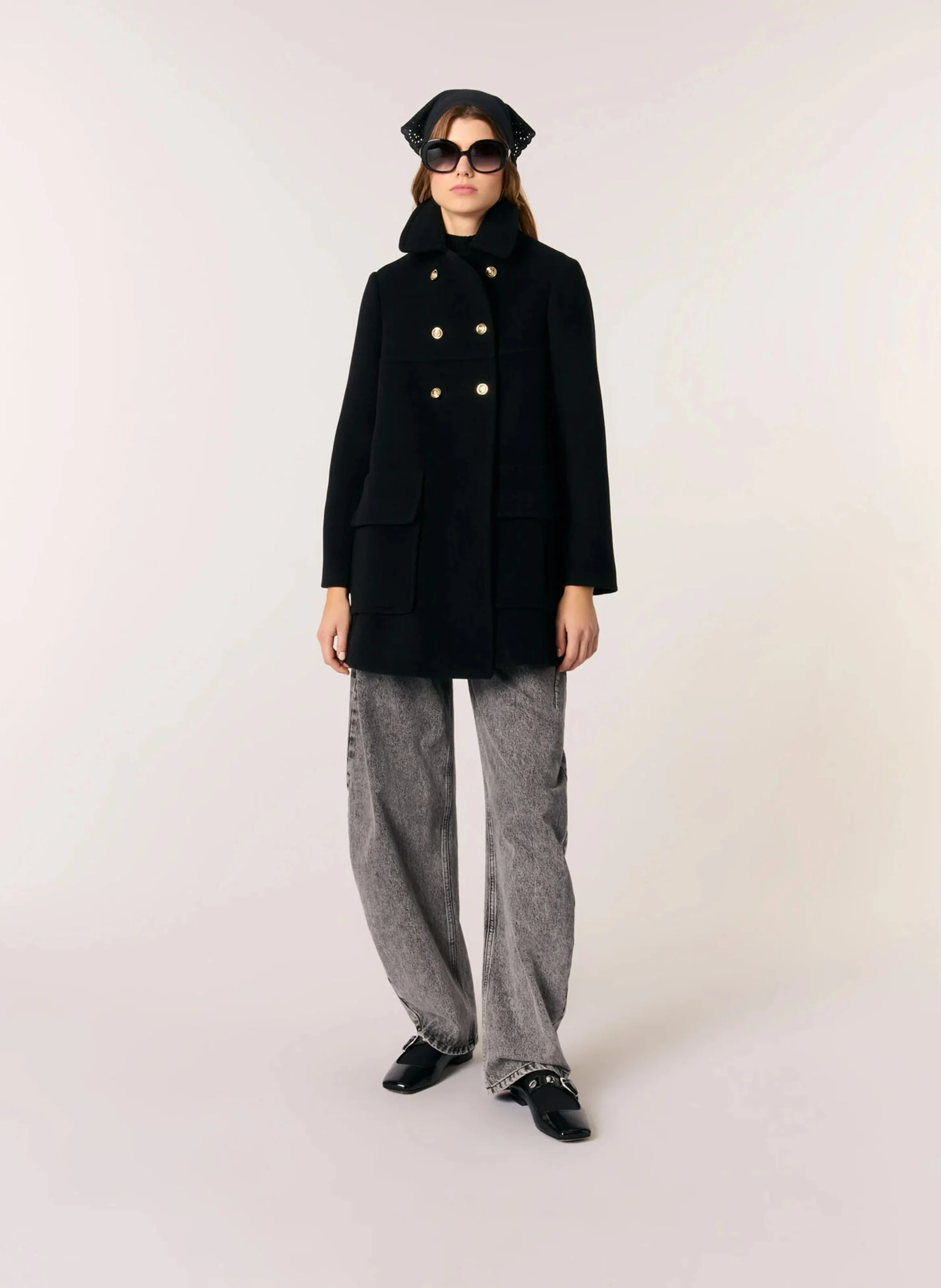 Manteau droite col classique en laine mélangée | Noir