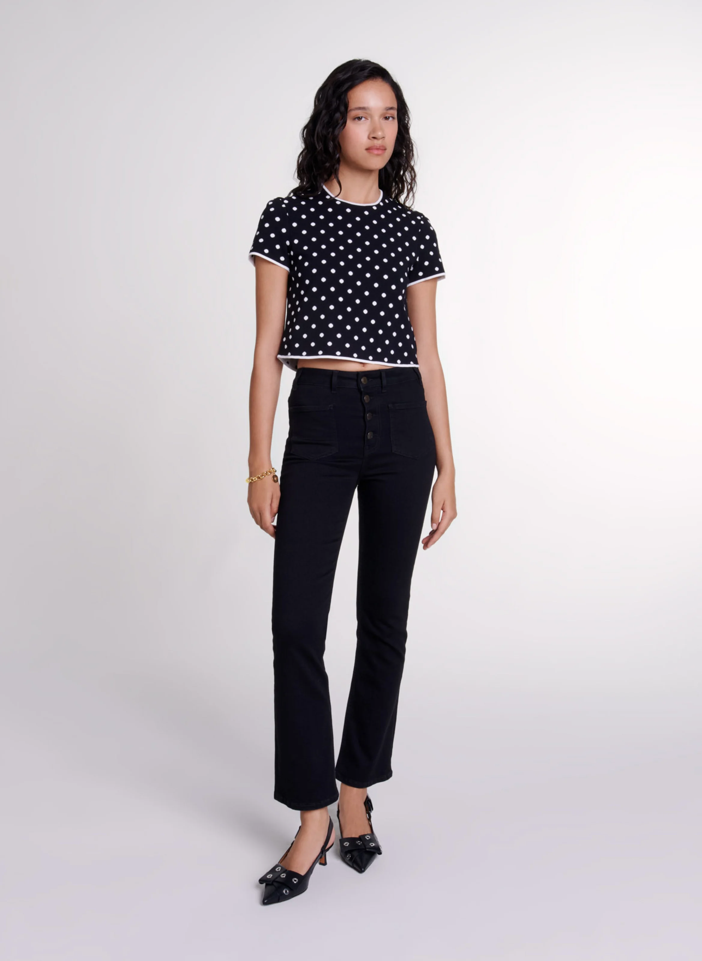 Top droit col rond en jacquard imprimé | Noir