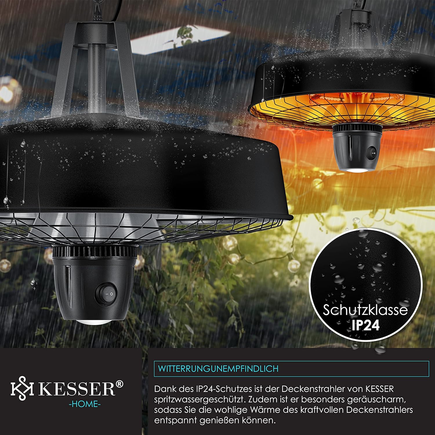 KESSER® Deckenheizstrahler Heizpilz Infrarot-Heizstrahler 2500W Terrassenstrahler mit Fernbedienung Quarzstrahler | LED Licht | Decke | Infrarotstrahler | mit Kette + Karabinerhaken Carbon-Heizelement