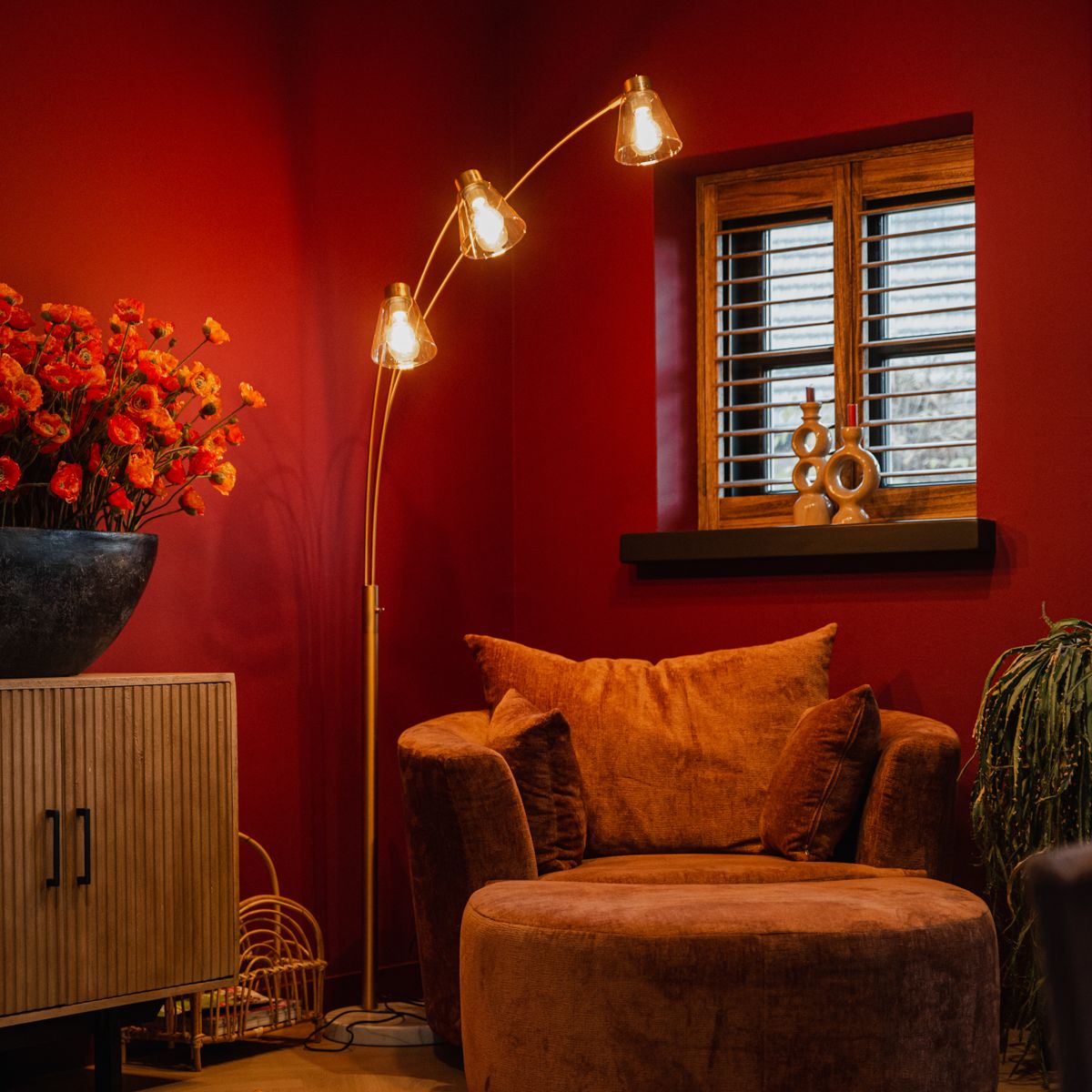 Booglamp brons met marmer en amber glas 3-lichts - Nina