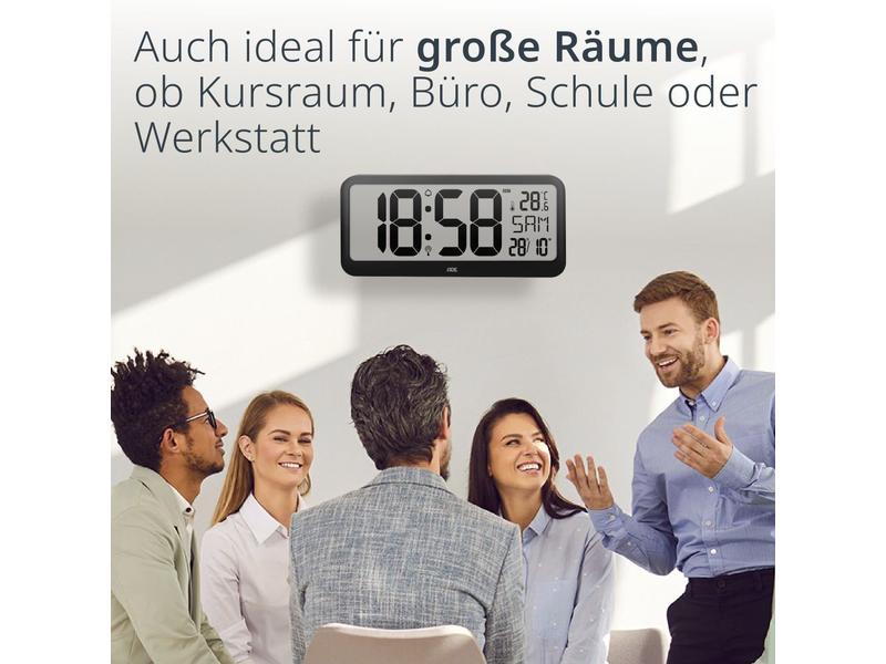 ADE Funkuhr XXL Wanduhr oder Regeluhr Schwarz Inklusive Wecker mit digitaler Anzeige