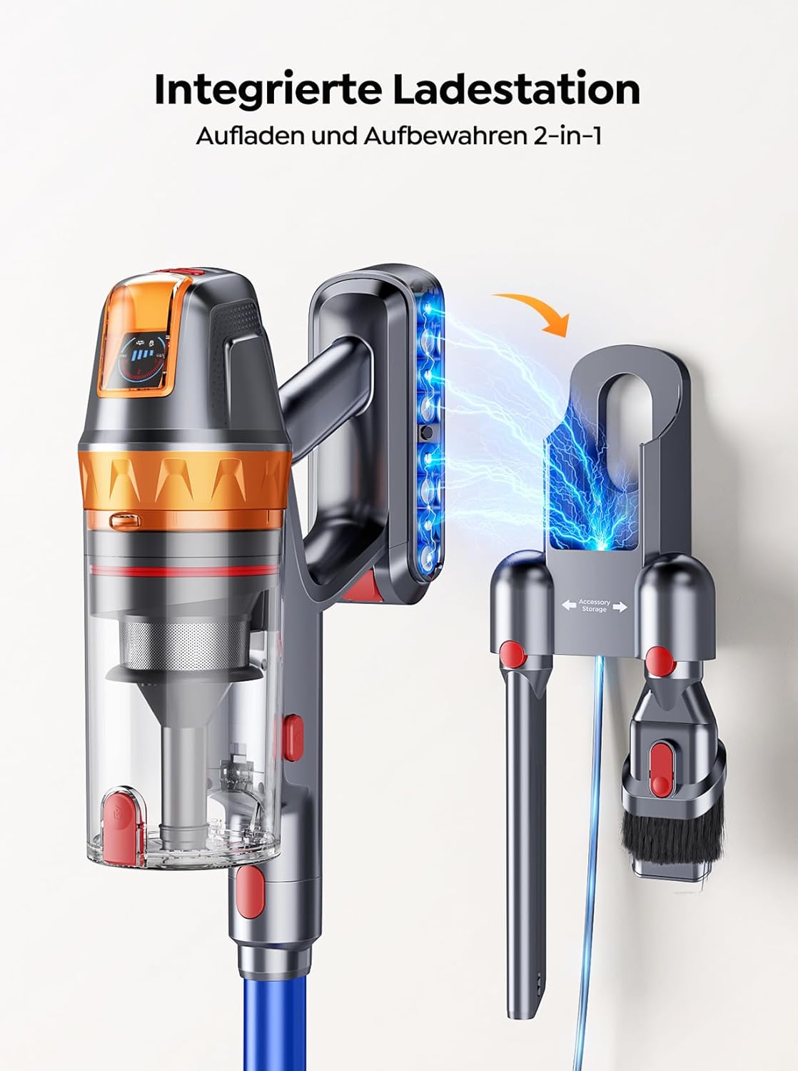 SMOTURE 650W 50KPA Akku Staubsauger mit Mini-Turbinendüse für Tierhaare, 60 Min. Laufzeit Selbststehender Staubsauger Kabellos mit Wandmontierte Ladestation, Automatikmodus für Teppich/Hartboden