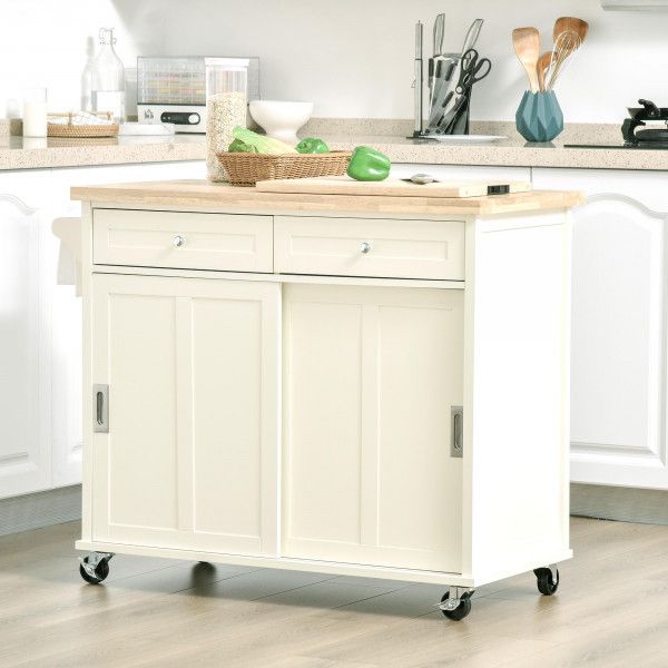 Homcom Carrinho de Cozinha com 2 Armários Porta Corredeira 2 Gavetas e Barra para Panos Móvel Aparador com Rodas para Sala de Jantar 110x49,5x89,5cm Creme