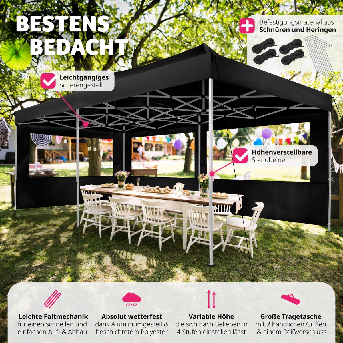 tectake Viola paviljoen, 6 x 3 m, met aluminium frame inclusief scheerlijnen, haringen en draagtas