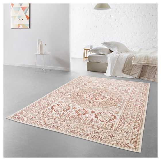 Tapis à motif oriental en tissus chenille recyclé - janah - crème et rouge brique - 120 x 170 cm