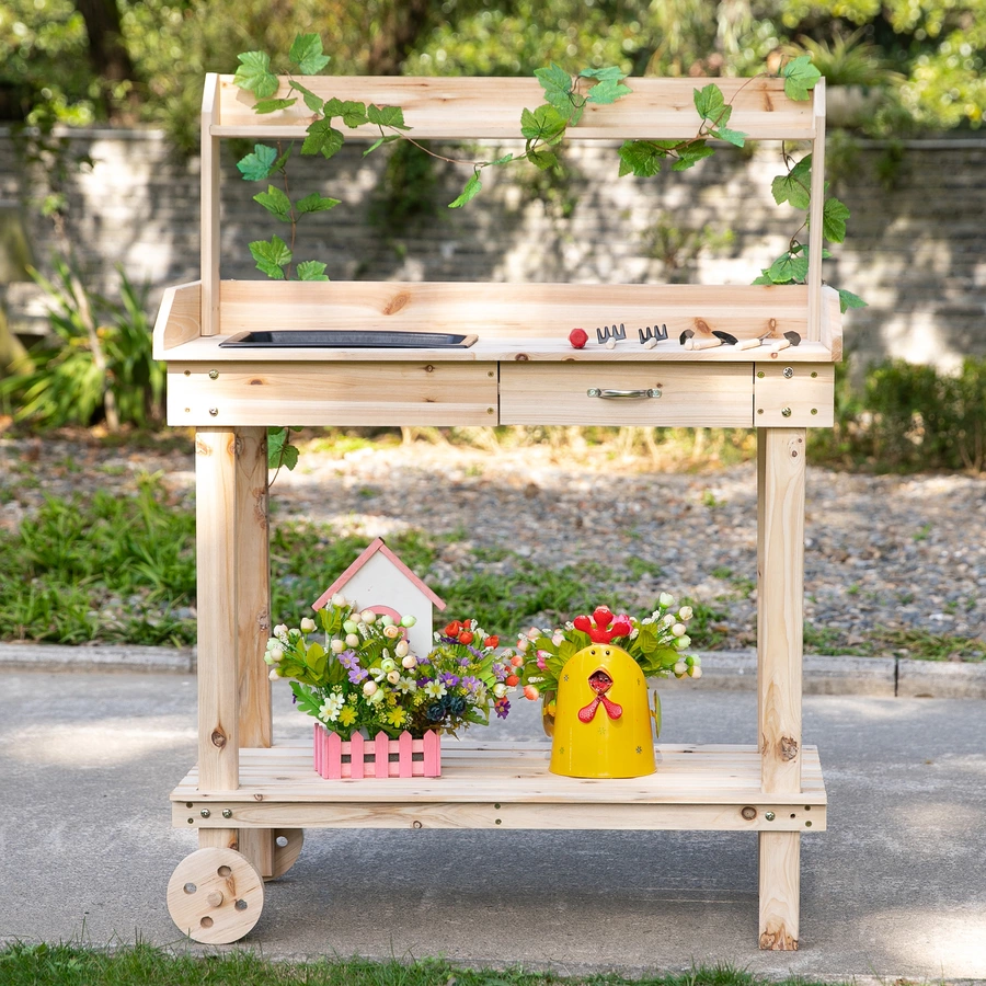 Outsunny Gärtnertisch mit Waschbecken und Rollen holz